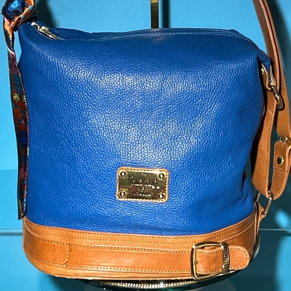 Valentina Italian Blue Pebbled Leather Bucket Shoulder Bag 15” x